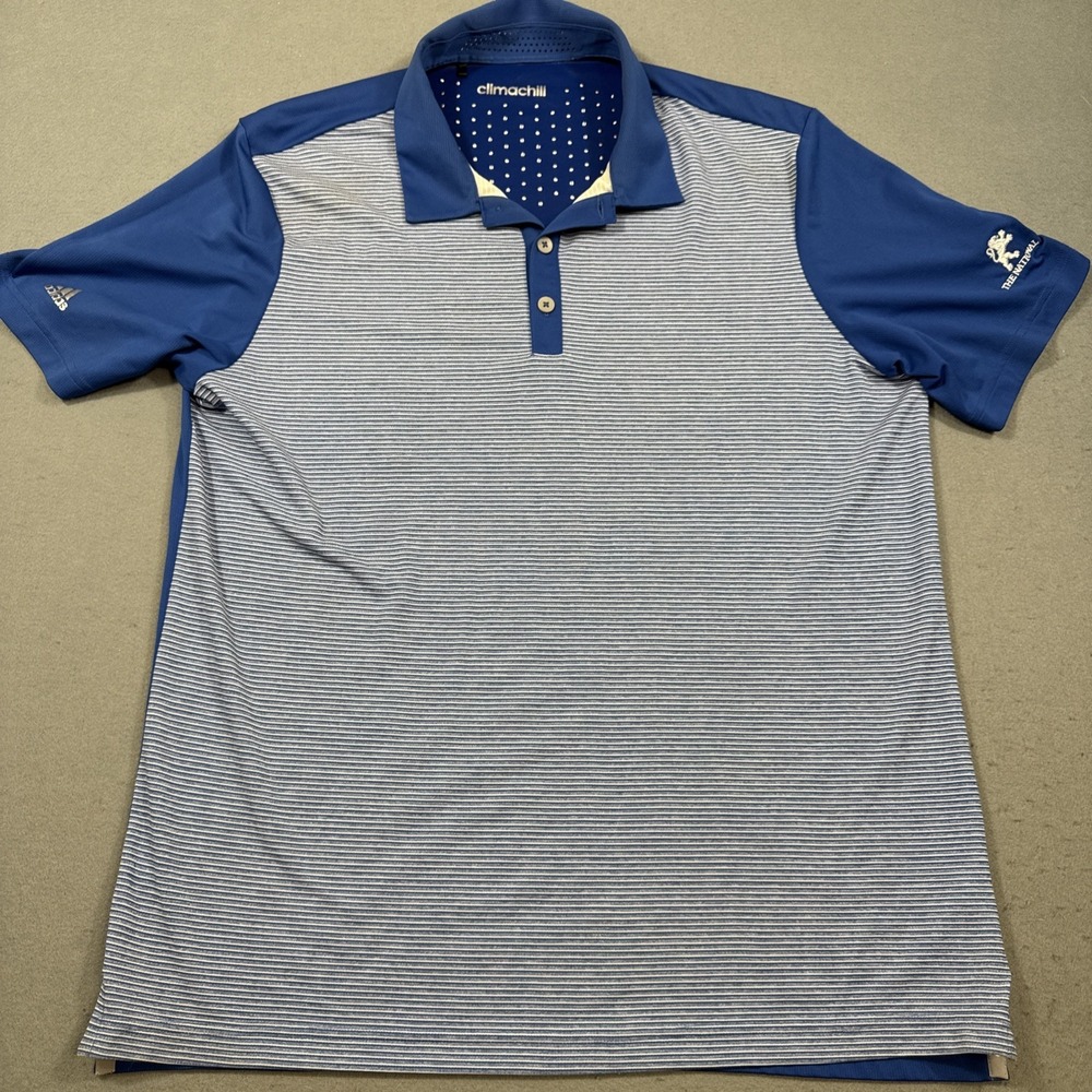 Adidas Climachill Polo Shirt Mens LARGE Blue Stripe Golf Performance S/S